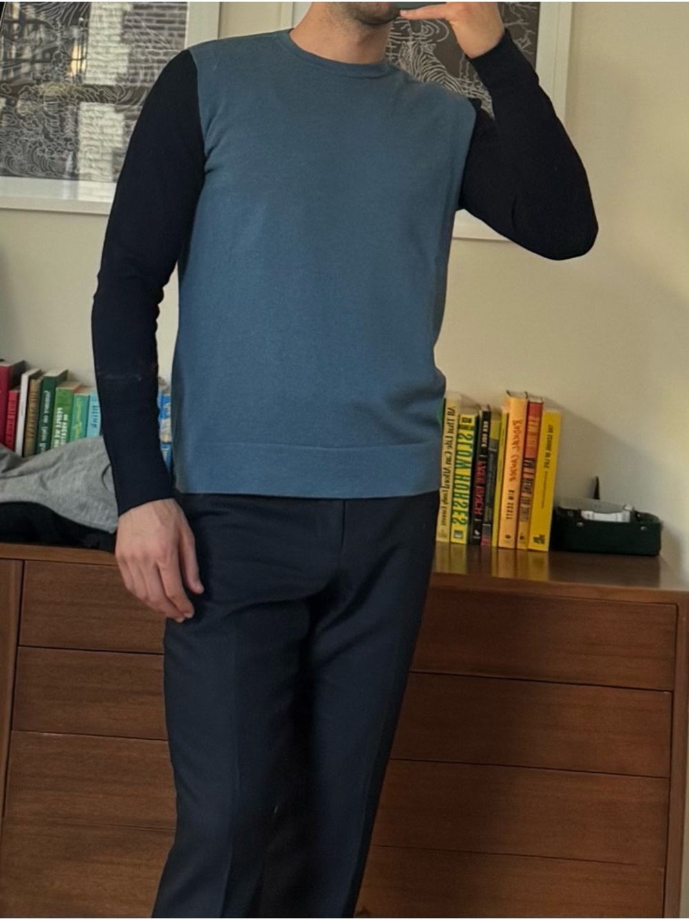 Theory Two-Tone Crewneck Sweater in Slate Blue and Black